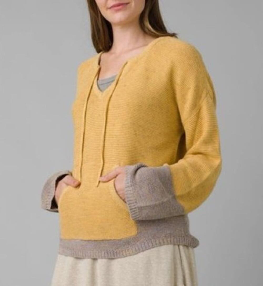 PrAna Crystal Beach Colorblock Knit Sweater Womens XS Yellow Tie V-Neck Pullover
